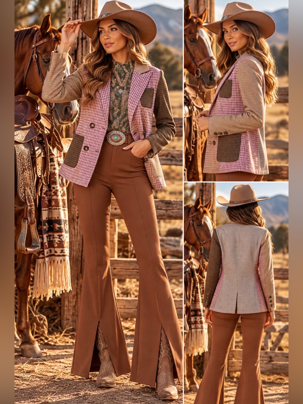 Brown pink plaid embroidered horse patchwork western boho coat jacket blazer